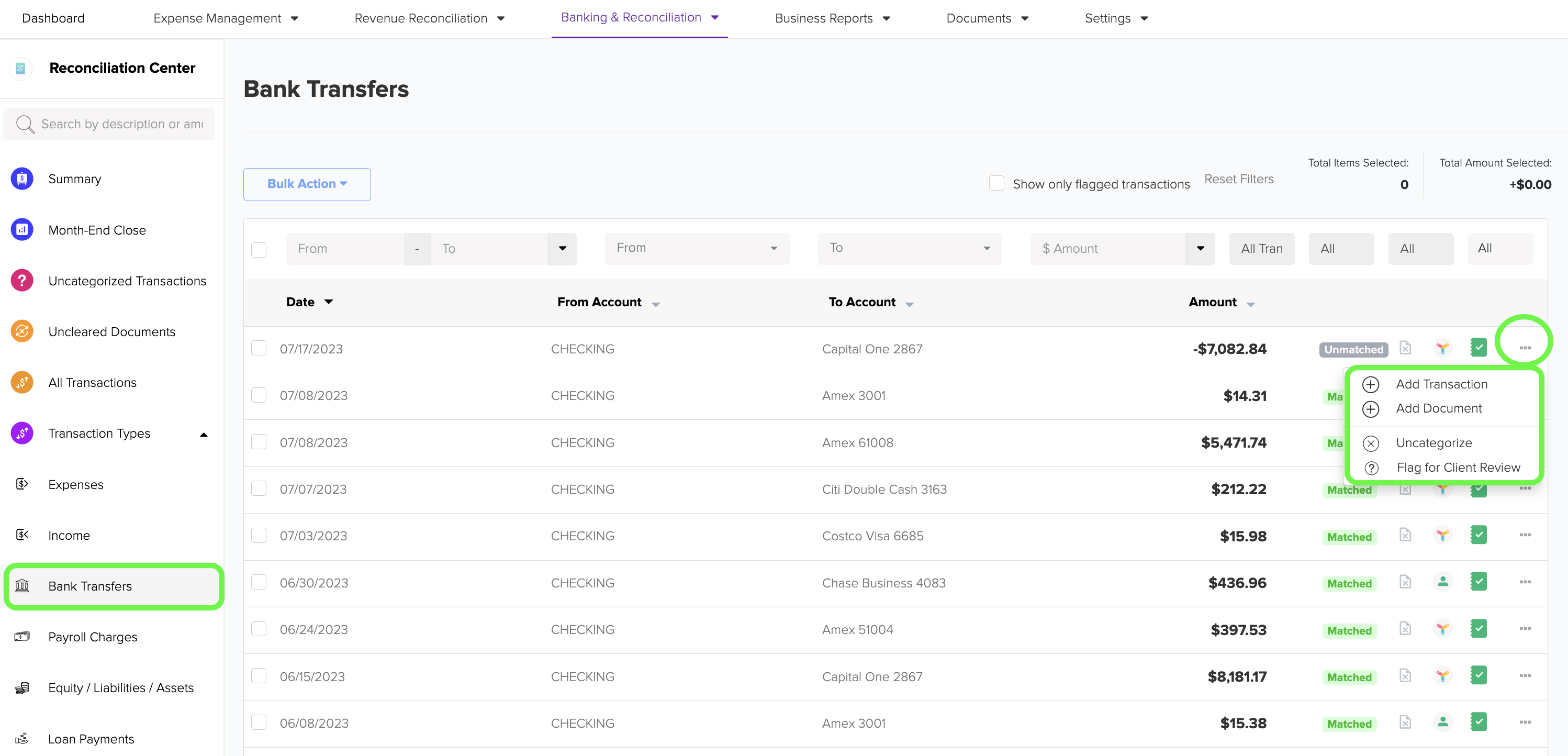 Reconciliation Center: Transaction Types after Categorization